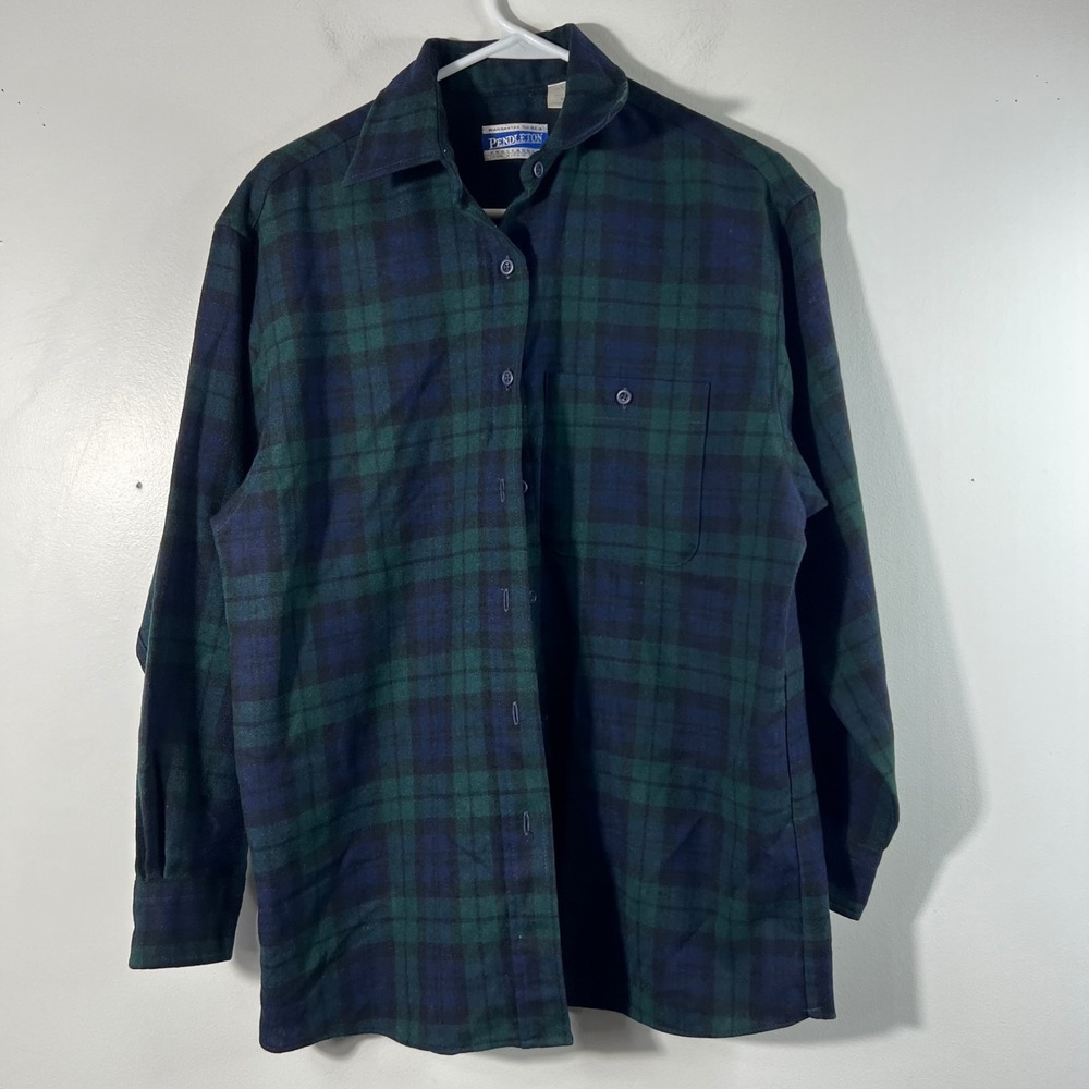 Womens Pendleton Knockabouts Blackwatch Plaid Wool Button Shirt‎ M made in USA
